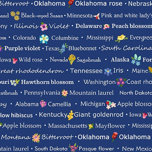 Floral States of America - State Names Text - Blue
